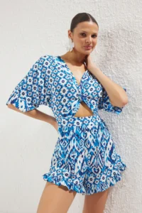 TRENDYOLMİLLA flower patterned Weaving Cut Out Detailed Beach Mini Jumpsuit - Image 2