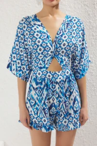 TRENDYOLMİLLA flower patterned Weaving Cut Out Detailed Beach Mini Jumpsuit - Image 3