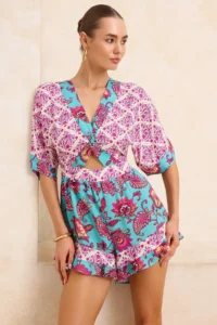 TRENDYOLMİLLA flower patterned Weaving Cut Out Detailed Beach Mini Jumpsuit - Image 2