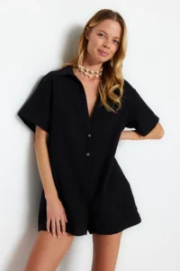 TRENDYOLMİLLA Black Weaving Beach Mini Jumpsuit