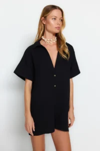 TRENDYOLMİLLA Black Weaving Beach Mini Jumpsuit - Image 2