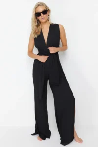 TRENDYOLMİLLA Black Weaving slit Maxi Beach Jumpsuit - Image 2