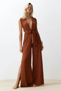 TRENDYOLMİLLA Brown Weaving slit Maxi Beach Jumpsuit