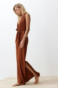 TRENDYOLMİLLA Brown Weaving slit Maxi Beach Jumpsuit - Image 2