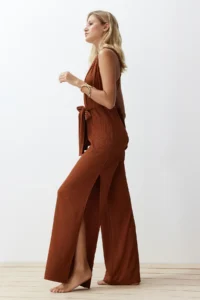 TRENDYOLMİLLA Brown Weaving slit Maxi Beach Jumpsuit - Image 3