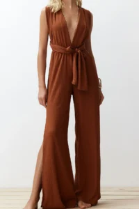 TRENDYOLMİLLA Brown Weaving slit Maxi Beach Jumpsuit - Image 4