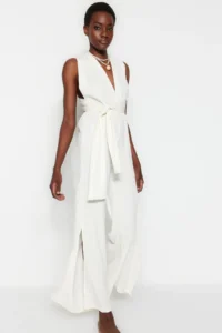 TRENDYOLMİLLA beachwear Ecru Weaving slit Maxi Jumpsuit