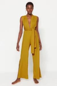 TRENDYOLMİLLA Oil Green Weaving slit Maxi Beach Jumpsuit