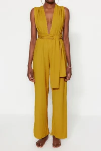 TRENDYOLMİLLA Oil Green Weaving slit Maxi Beach Jumpsuit - Image 3