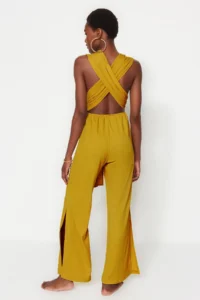 TRENDYOLMİLLA Oil Green Weaving slit Maxi Beach Jumpsuit - Image 5