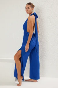 TRENDYOLMİLLA Saks Blue Weaving slit Maxi Beach Jumpsuit