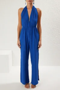 TRENDYOLMİLLA Saks Blue Weaving slit Maxi Beach Jumpsuit - Image 3