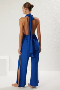 TRENDYOLMİLLA Saks Blue Weaving slit Maxi Beach Jumpsuit - Image 5