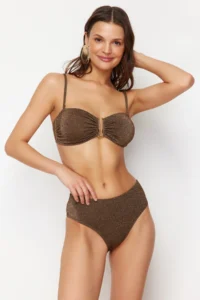 TRENDYOLMİLLA Brown Simli with accessories Strapless Covered Regular High Waist Bikini Set - Image 3