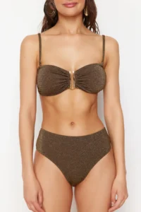 TRENDYOLMİLLA Brown Simli with accessories Strapless Covered Regular High Waist Bikini Set - Image 4