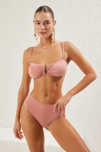 TRENDYOLMİLLA Pink Simli with accessories Strapless Covered Regular High Waist Bikini Set