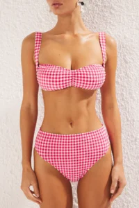 TRENDYOLMİLLA gingham Patterned textured bralette Covered Shirred hipster Regular Waist Bikini Set - Image 4