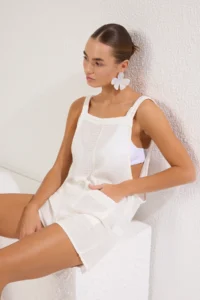 TRENDYOLMİLLA WHITE Knitting Pocket Detail Beach Mini Jumpsuit - Image 2
