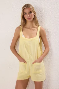 TRENDYOLMİLLA Yellow Knitting Pocket Detail Beach Mini Jumpsuit