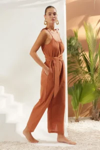 TRENDYOLMİLLA Brick Red Weaving Belted Maxi Beach Jumpsuit