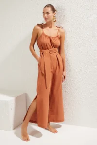 TRENDYOLMİLLA Brick Red Weaving Belted Maxi Beach Jumpsuit - Image 2