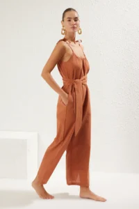 TRENDYOLMİLLA Brick Red Weaving Belted Maxi Beach Jumpsuit - Image 3