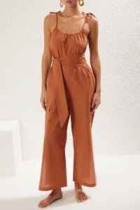 TRENDYOLMİLLA Brick Red Weaving Belted Maxi Beach Jumpsuit - Image 5