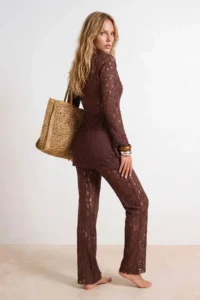 TRENDYOLMİLLA Brown Weaving Ruffle Detailed Regular Waist Plate Blouse Skirt Set - Image 4
