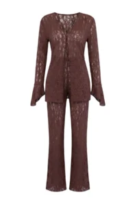 TRENDYOLMİLLA Brown Weaving Ruffle Detailed Regular Waist Plate Blouse Skirt Set - Image 5