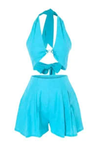 TRENDYOLMİLLA Turquoise Weaving Casting with accessories Mini Regular Beach Blouse Shorts Set - Image 4
