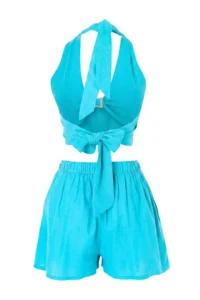 TRENDYOLMİLLA Turquoise Weaving Casting with accessories Mini Regular Beach Blouse Shorts Set - Image 5