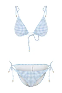 TRENDYOLMİLLA Light Blue Plaid textured Triangle Covered With Beaded Accents Low Waist Regular Bikini Set - Image 4