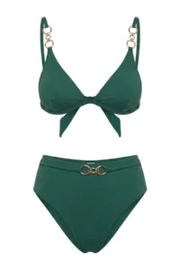 TRENDYOLMİLLA Emerald Green Triangle Covered with accessories High Waist Regular Bikini Set - Image 5