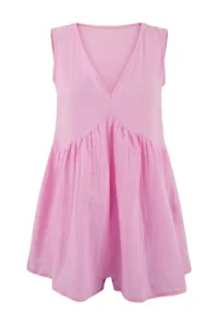 TRENDYOLMİLLA Pink Weaving Mini 100% Cotton Muslin Beach Jumpsuit - Image 3