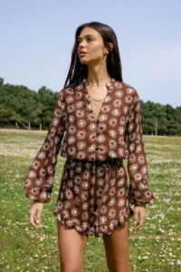 TRENDYOLMİLLA Resort Collection flower patterned Weaving Frilly Balloon Sleeve Beach Jumpsuit