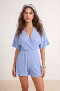 TRENDYOLMİLLA Mavi Knitting Mini Frilly Regular Beach Jumpsuit - Image 3
