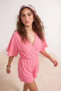 TRENDYOLMİLLA Pink Knitting Mini Frilly Regular Beach Jumpsuit - Image 2