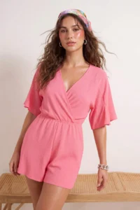 TRENDYOLMİLLA Pink Knitting Mini Frilly Regular Beach Jumpsuit - Image 3