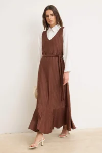 Trendyol Modest Brown Unlined Striped Weaving Dress&Jumpsuit polyviscone Hijab Dress