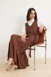 Trendyol Modest Brown Unlined Striped Weaving Dress&Jumpsuit polyviscone Hijab Dress - Image 2