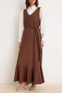 Trendyol Modest Brown Unlined Striped Weaving Dress&Jumpsuit polyviscone Hijab Dress - Image 3