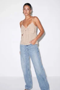 Drop by TrendyolMilla Beige Sleeveless Bow tie Collar Crispy Blouse - Image 2