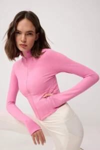 TRENDYOLMİLLA Pink Brushed Soft Material Thumb Hole Knitting Sports Jacket/Sweatshirt - Image 2