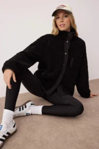TRENDYOLMİLLA Black Oversized Plush Knitting Sports Jacket - Image 3