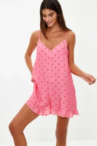 TRENDYOLMİLLA Pink Polka Dot Frilly Rope Sleeveless Viscose Weaving Jumpsuit - Image 3