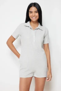 TRENDYOLMİLLA Gray Waffle Button Detailed Shirt Collar Knitting Jumpsuit