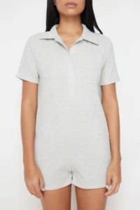 TRENDYOLMİLLA Gray Waffle Button Detailed Shirt Collar Knitting Jumpsuit - Image 5