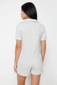 TRENDYOLMİLLA Gray Waffle Button Detailed Shirt Collar Knitting Jumpsuit - Image 6
