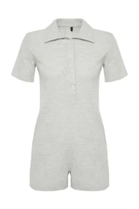 TRENDYOLMİLLA Gray Waffle Button Detailed Shirt Collar Knitting Jumpsuit - Image 7
