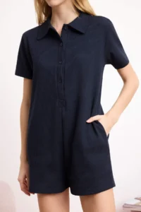TRENDYOLMİLLA Navy Blue Waffle Button Detailed Shirt Collar Knitting Jumpsuit - Image 3